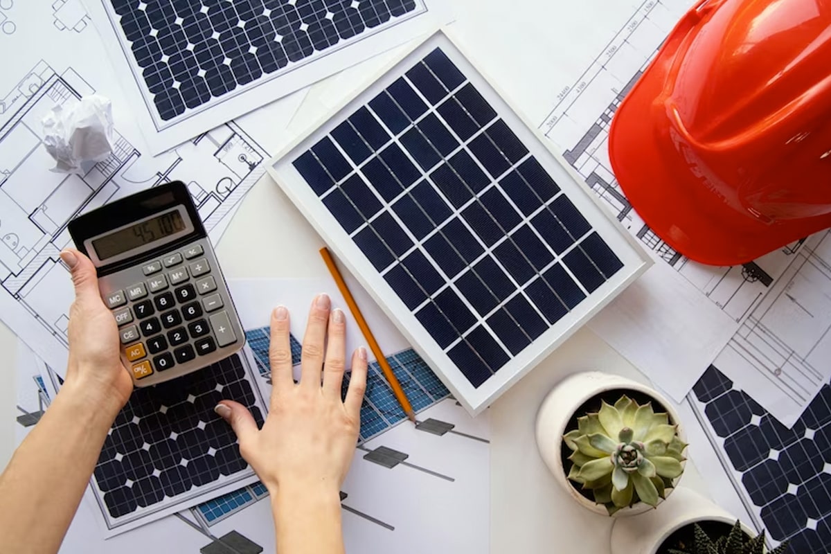 Una persona utiliza una calculadora y un panel solar.